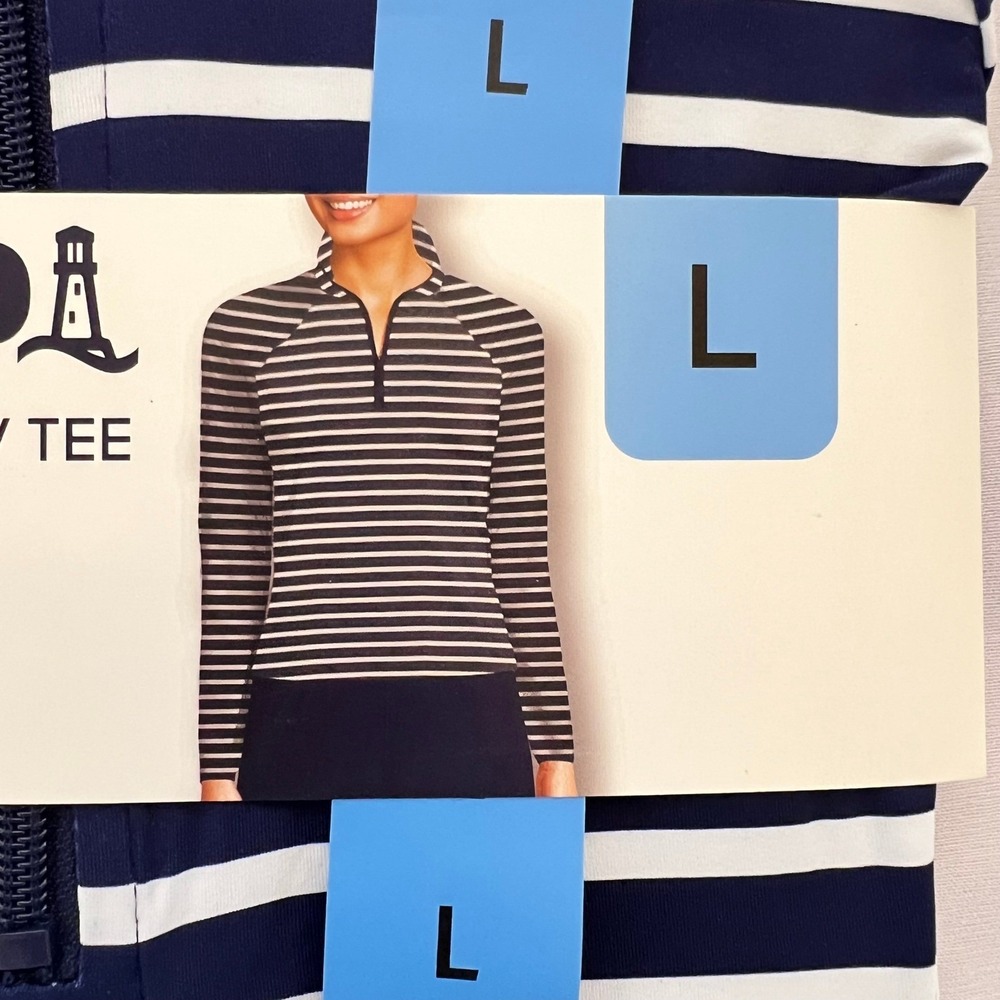 Lands End Womens Quarter Zip UV Tee Navy White Striped UPF 50 Long Sleeve Large - Picture 7 of 9
